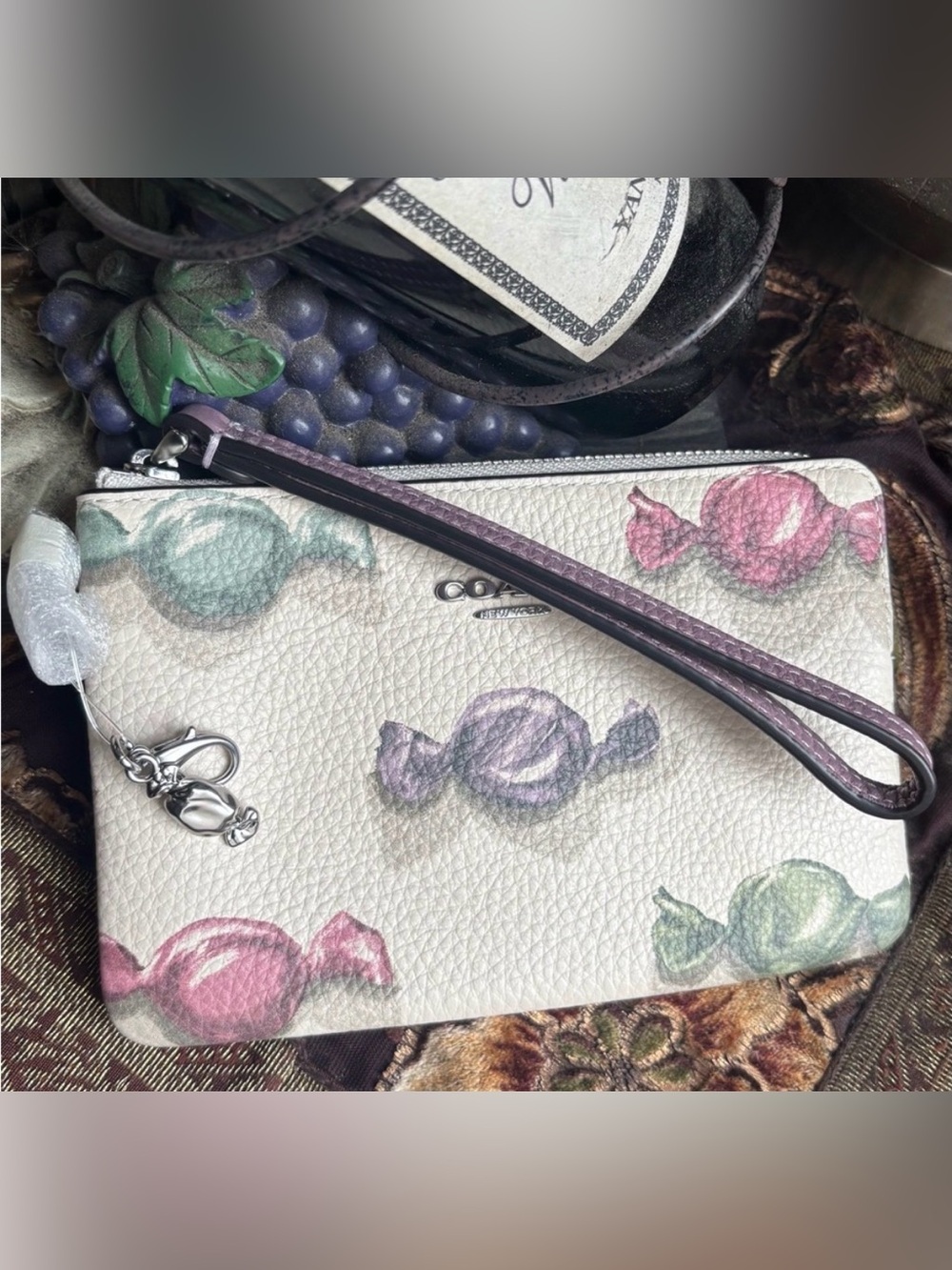 Authentic Coach 3D Candy Print leather zip wristlet w candy charm clip